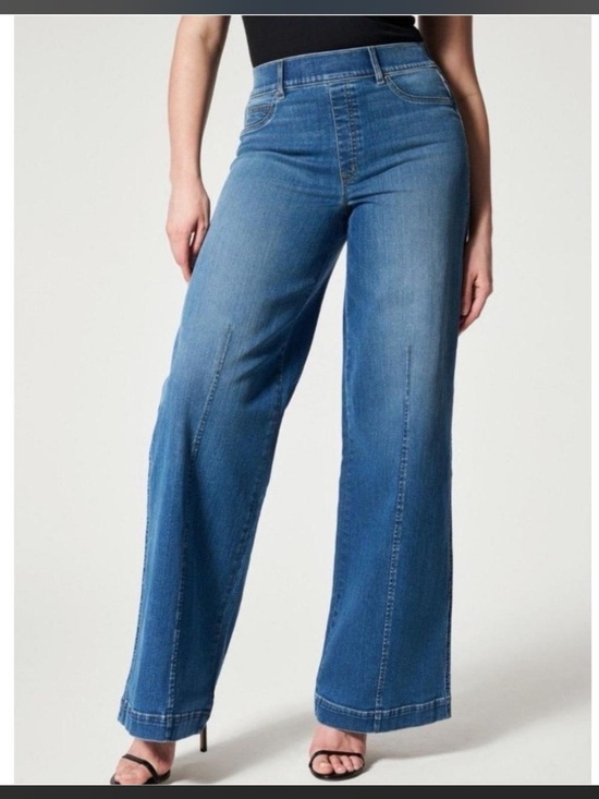 SPANX Denim - SPANX Seamed Front Wide Leg Pull-On High Rise Flare Jeans Medium Wash Large